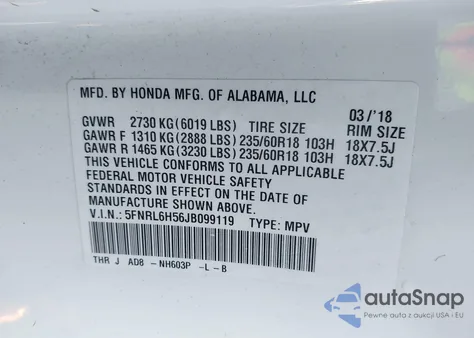 2018 Honda Odyssey Ex z USA, uszkodzony, nr VIN 5FNRL6H56JB099119